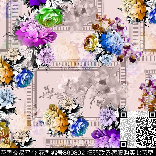 艺术彩色花卉手绘花卉数码印花华亿平台下载（图片编号: 869802） - 瓦栏（Walan）