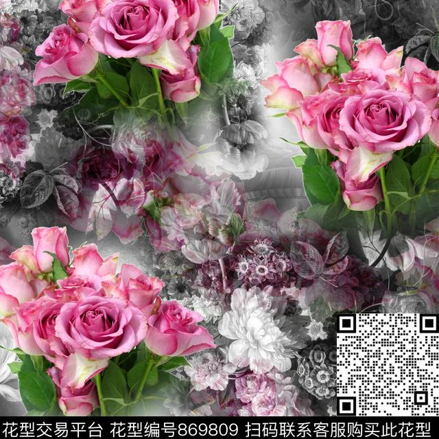艺术彩色花卉玫瑰数码印花华亿平台下载（图片编号: 869809） - 瓦栏（Walan）