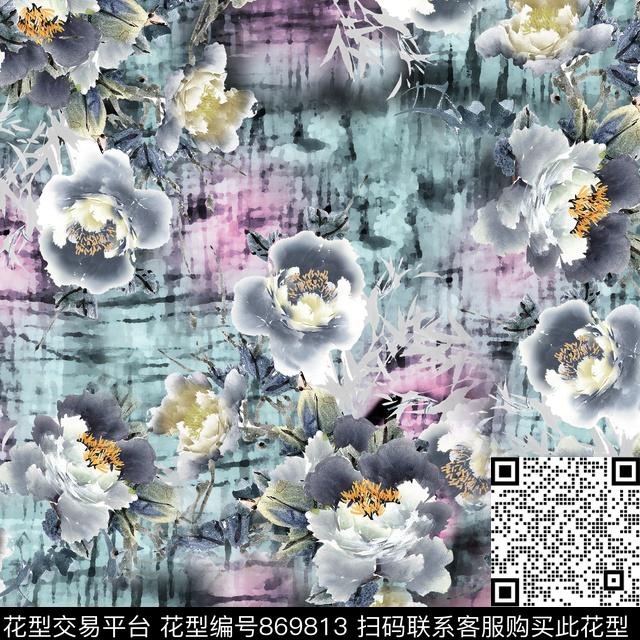 牡丹花卉水墨牡丹。数码印花华亿平台下载（图片编号: 869813） - 瓦栏（Walan）