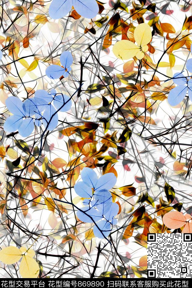 抽象叶子花卉数码印花华亿平台下载（图片编号: 869890） - 瓦栏（Walan）