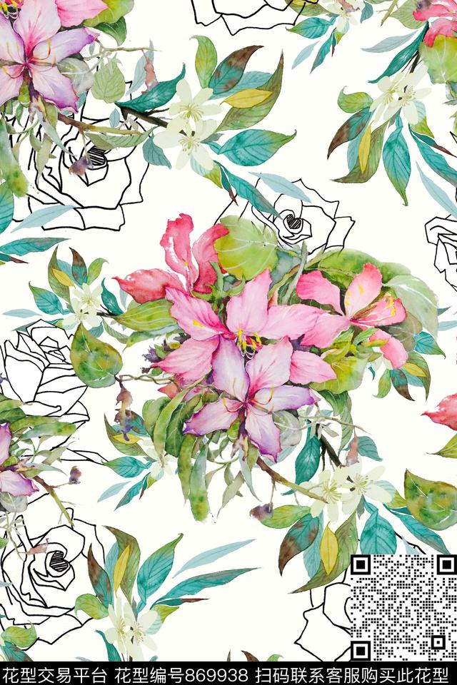 趣味黑色线描花朵水彩数码印花华亿平台下载（图片编号: 869938） - 瓦栏（Walan）
