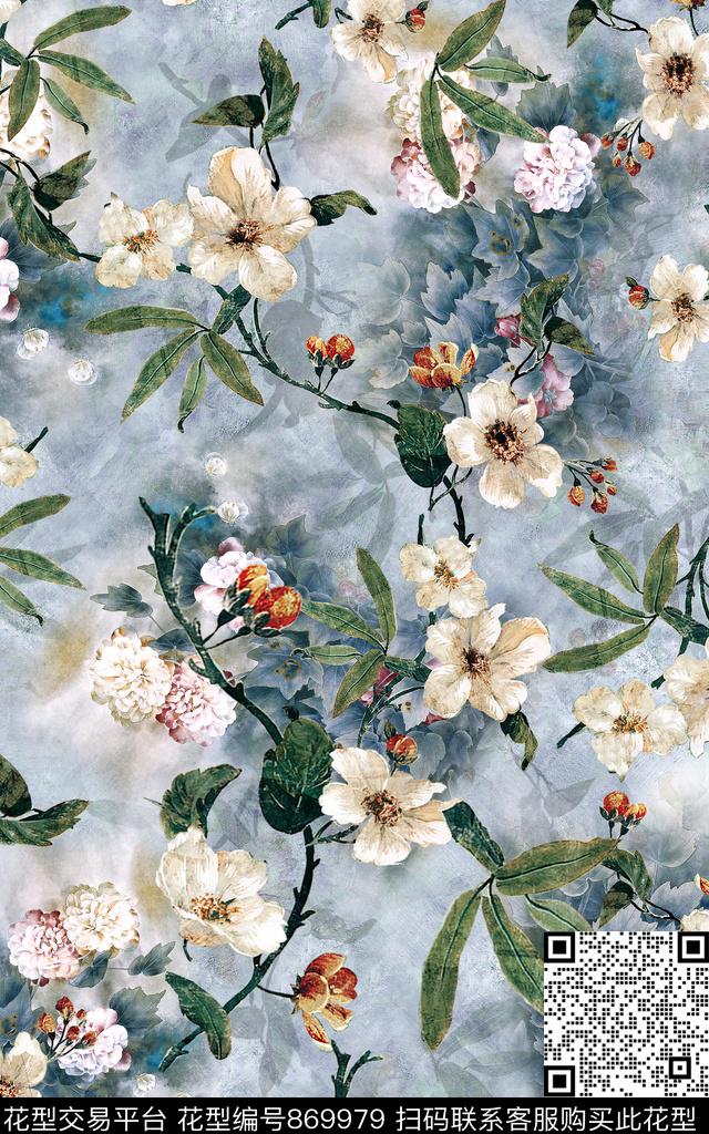 中国风花卉水墨数码印花华亿平台下载（图片编号: 869979） - 瓦栏（Walan）