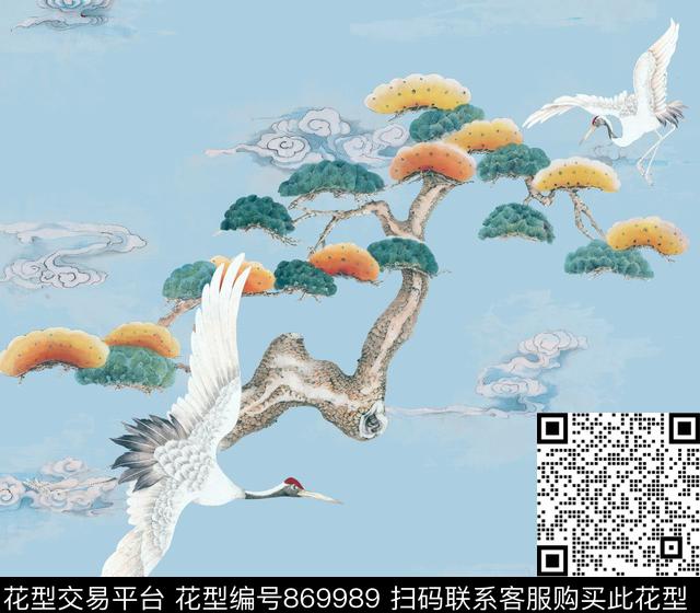 花卉手绘仙鹤数码印花华亿平台下载（图片编号: 869989） - 瓦栏（Walan）