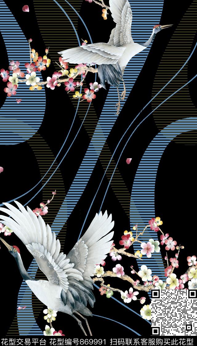 花卉手绘仙鹤数码印花华亿平台下载（图片编号: 869991） - 瓦栏（Walan）