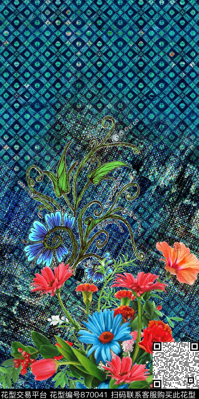 时尚手绘牛仔数码印花华亿平台下载（图片编号: 870041） - 瓦栏（Walan）