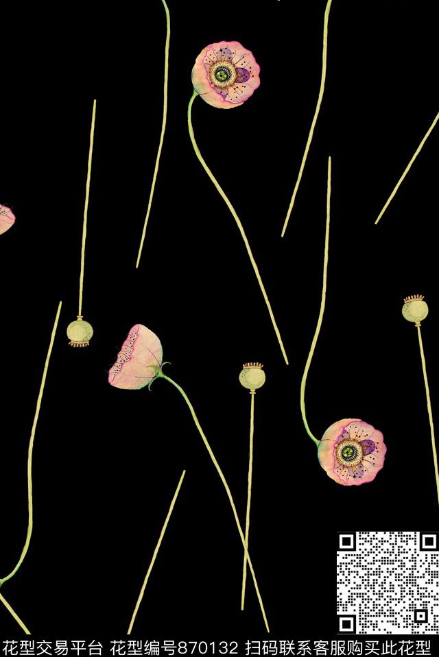 女装花卉罂粟花数码印花华亿平台下载（图片编号: 870132） - 瓦栏（Walan）