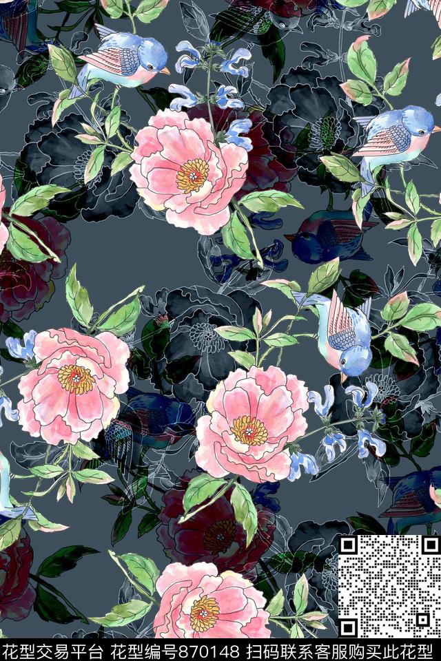 大花花卉潮流大气趣味时尚数码印花华亿平台下载（图片编号: 870148） - 瓦栏（Walan）