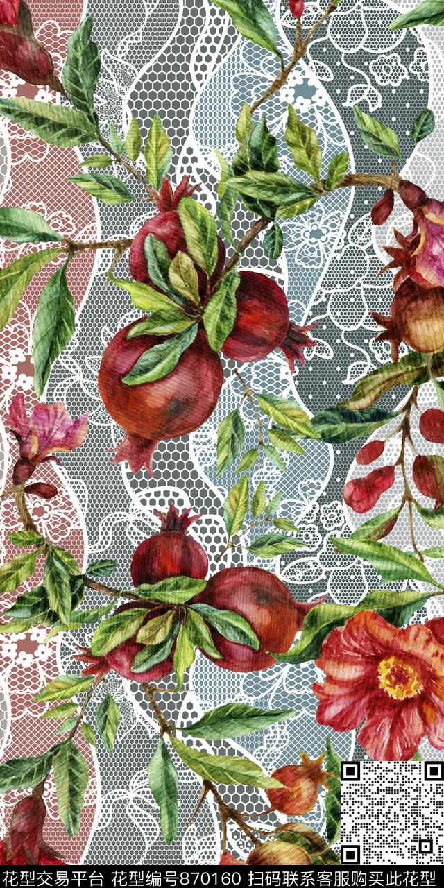 石榴藤条蕾丝数码印花华亿平台下载（图片编号: 870160） - 瓦栏（Walan）