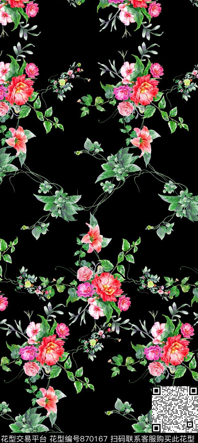 手绘绿叶藤条数码印花华亿平台下载（图片编号: 870167） - 瓦栏（Walan）