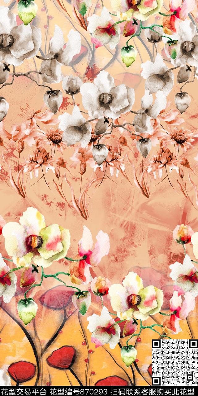 花朵水彩花卉数码印花华亿平台下载（图片编号: 870293） - 瓦栏（Walan）