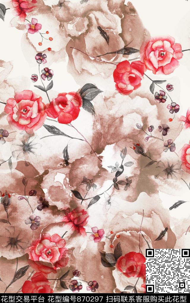 花朵水彩花卉数码印花华亿平台下载（图片编号: 870297） - 瓦栏（Walan）