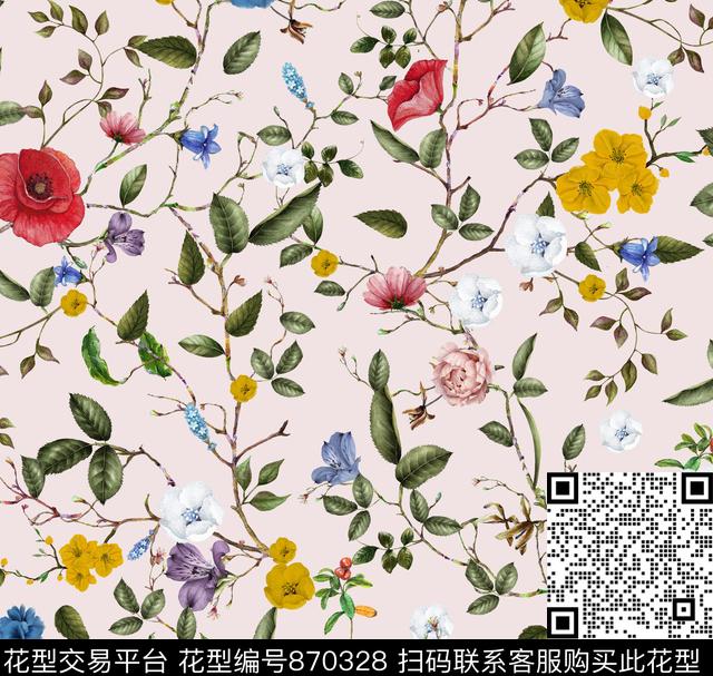 花藤复古花卉小清新数码印花华亿平台下载（图片编号: 870328） - 瓦栏（Walan）