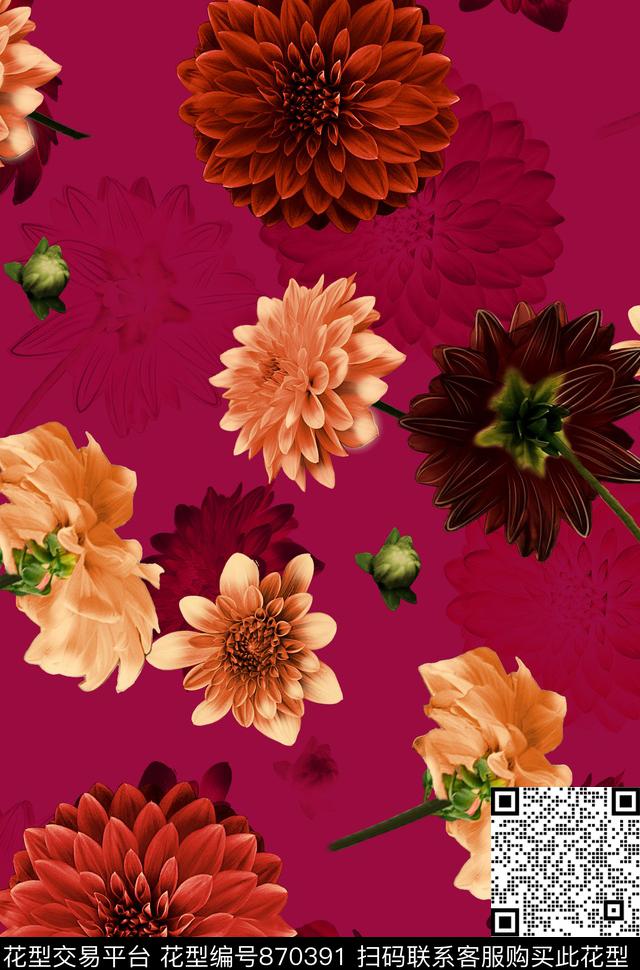 花卉菊花大丽花数码印花华亿平台下载（图片编号: 870391） - 瓦栏（Walan）