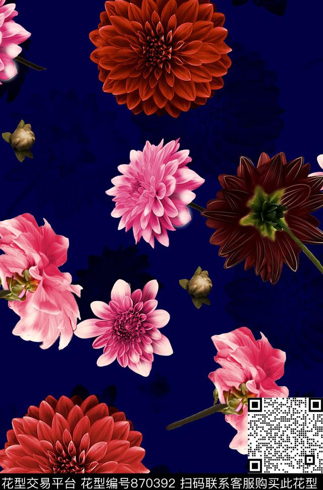 花卉菊花大丽花数码印花华亿平台下载（图片编号: 870392） - 瓦栏（Walan）