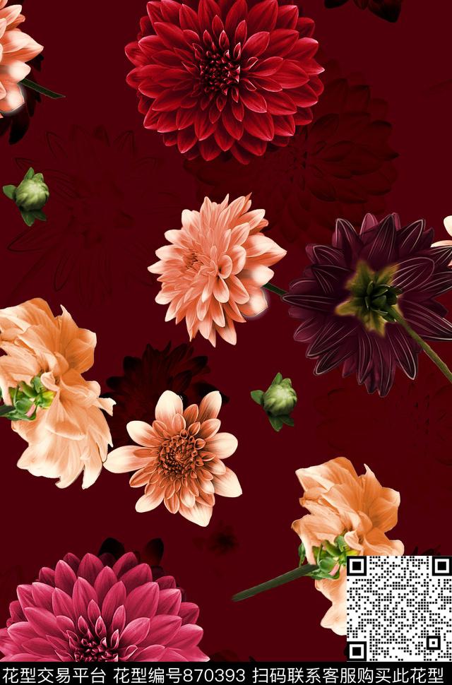 花卉菊花大丽花数码印花华亿平台下载（图片编号: 870393） - 瓦栏（Walan）