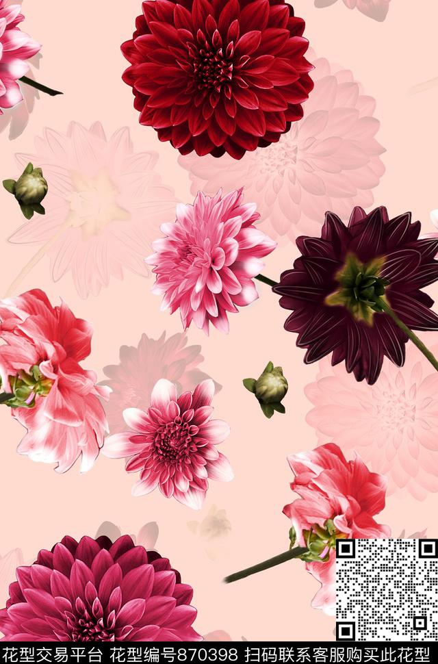 花卉菊花大丽花数码印花华亿平台下载（图片编号: 870398） - 瓦栏（Walan）