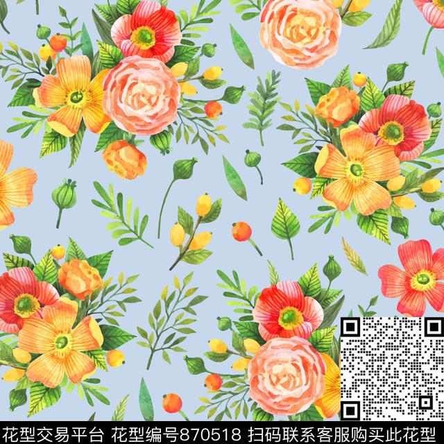 水彩大花连衣裙数码印花华亿平台下载（图片编号: 870518） - 瓦栏（Walan）