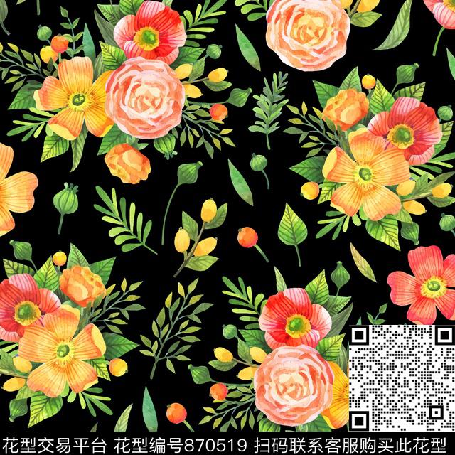 水彩大花连衣裙数码印花华亿平台下载（图片编号: 870519） - 瓦栏（Walan）