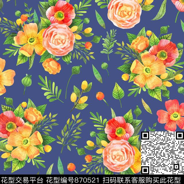 水彩大花连衣裙数码印花华亿平台下载（图片编号: 870521） - 瓦栏（Walan）