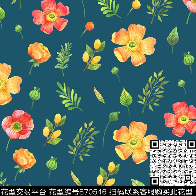 水彩大花连衣裙数码印花华亿平台下载（图片编号: 870546） - 瓦栏（Walan）