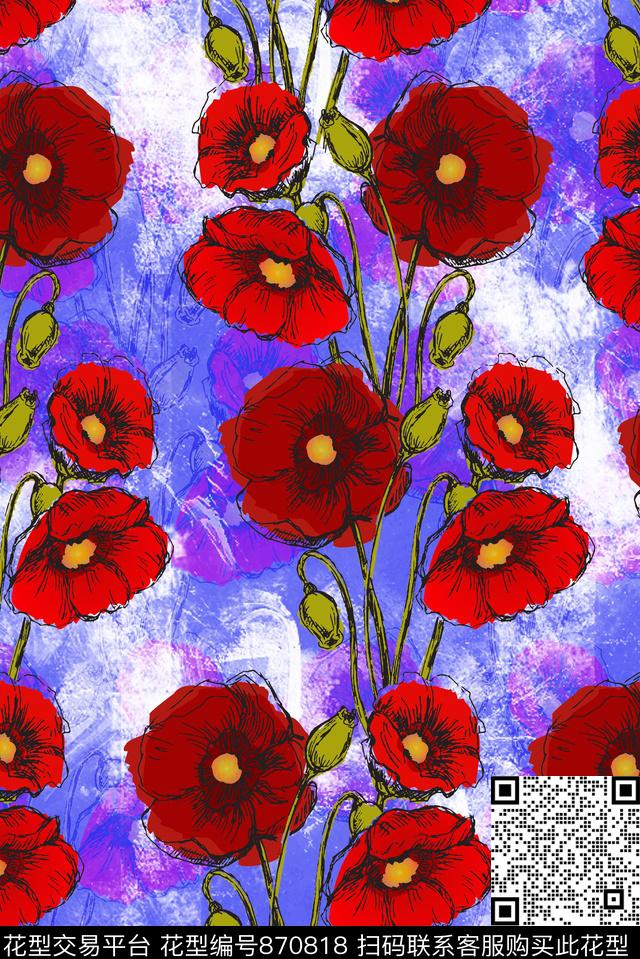 花朵花卉罂粟花数码印花华亿平台下载（图片编号: 870818） - 瓦栏（Walan）