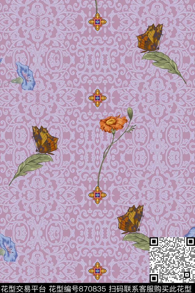 民族底蝴蝶叶子花卉数码印花华亿平台下载（图片编号: 870835） - 瓦栏（Walan）