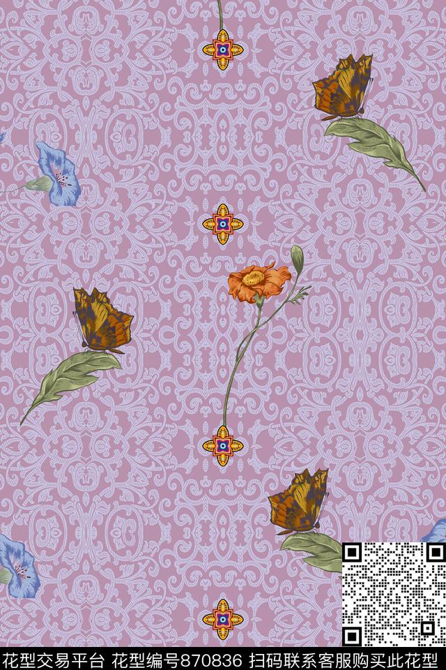 民族底蝴蝶叶子花卉数码印花华亿平台下载（图片编号: 870836） - 瓦栏（Walan）