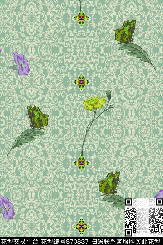 民族底蝴蝶叶子花卉数码印花华亿平台下载（图片编号: 870837） - 瓦栏（Walan）