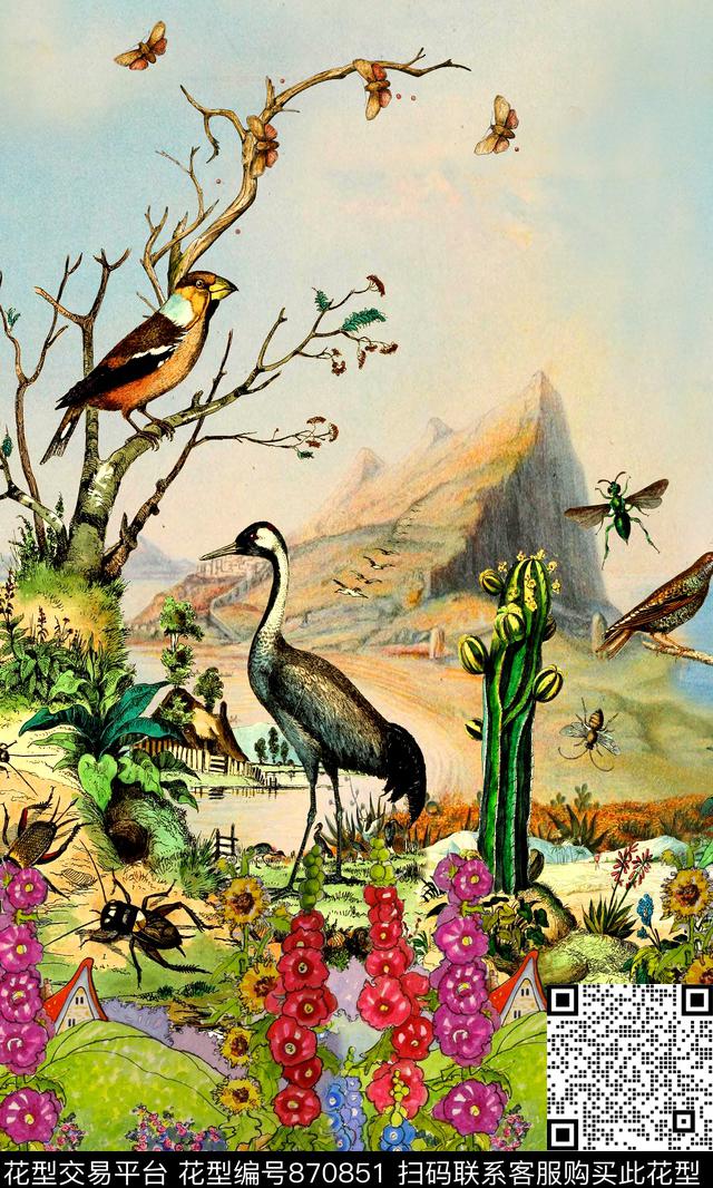 风景仙鹤花卉数码印花华亿平台下载（图片编号: 870851） - 瓦栏（Walan）