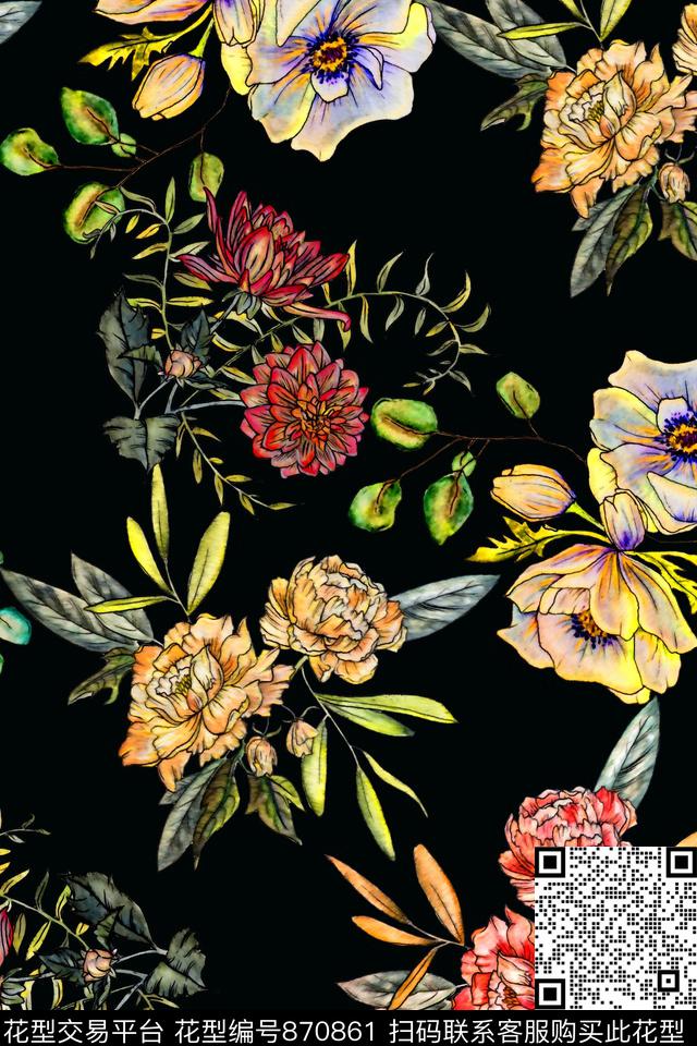 手绘水彩花卉数码印花华亿平台下载（图片编号: 870861） - 瓦栏（Walan）