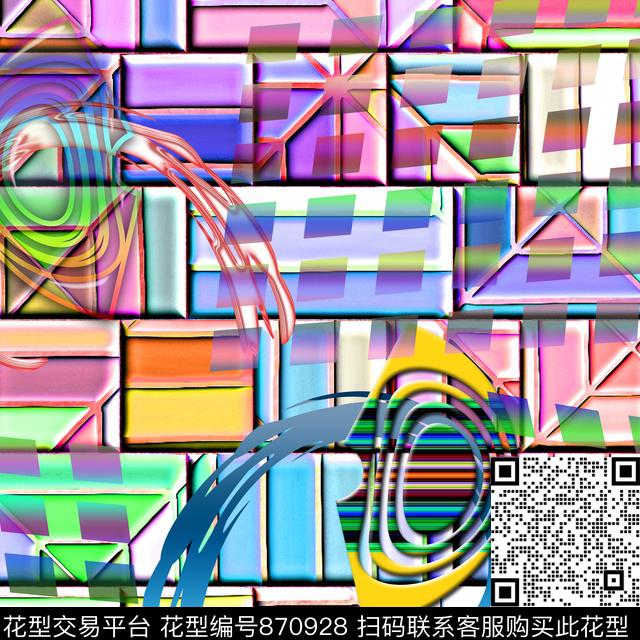 色块抽像线条数码印花华亿平台下载（图片编号: 870928） - 瓦栏（Walan）
