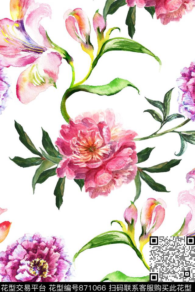 大朵手绘花卉数码印花华亿平台下载（图片编号: 871066） - 瓦栏（Walan）