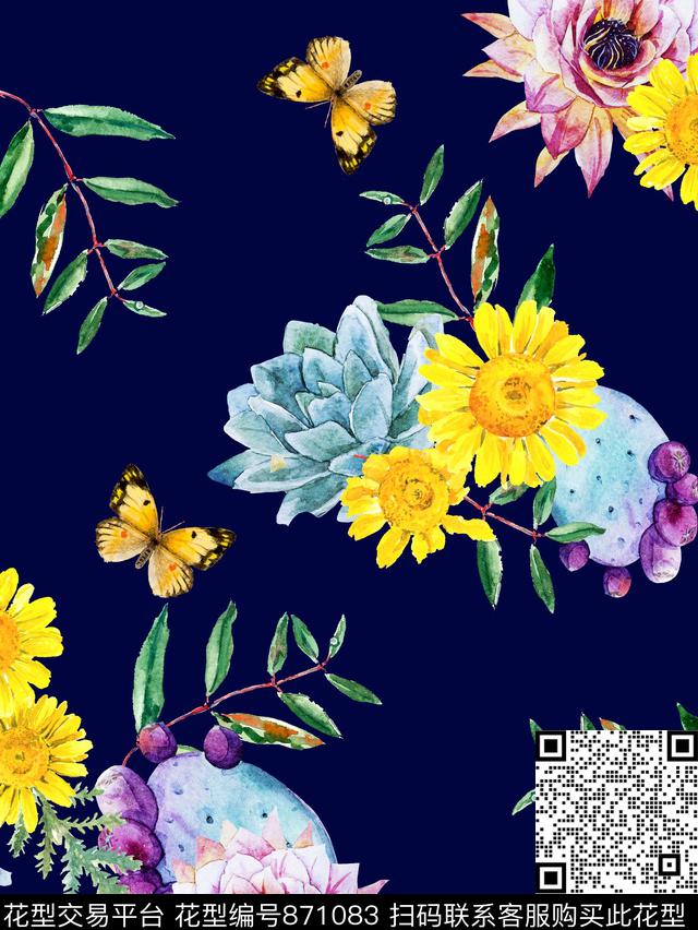 向日葵水彩多肉数码印花华亿平台下载（图片编号: 871083） - 瓦栏（Walan）