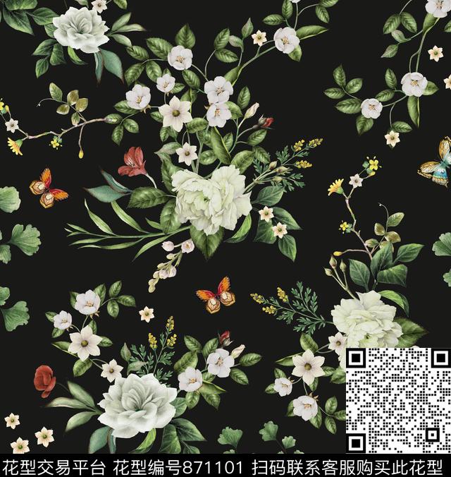 复古花卉水彩花蝴蝶花卉数码印花华亿平台下载（图片编号: 871101） - 瓦栏（Walan）