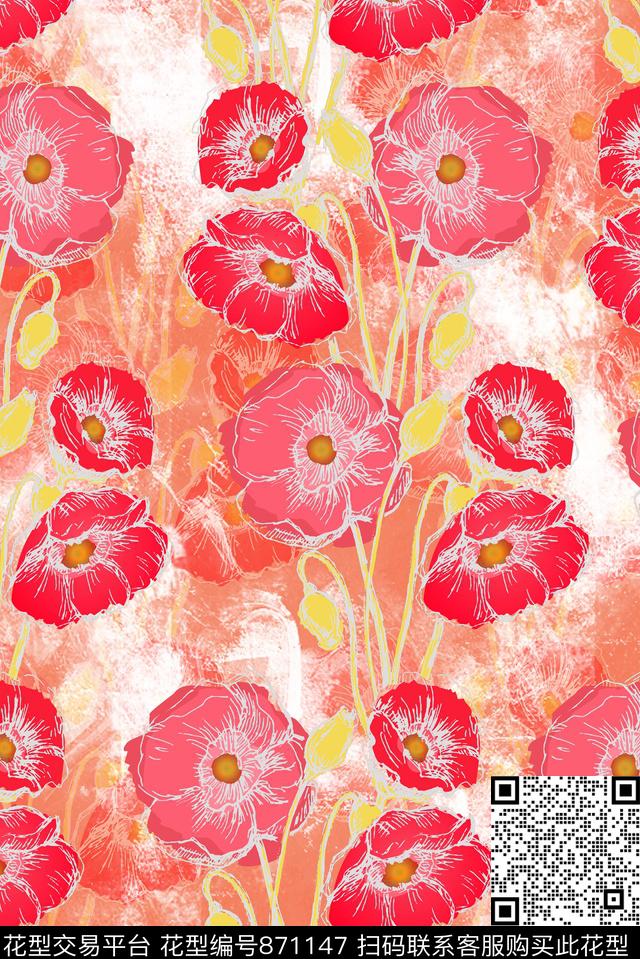 花朵花卉罂粟花数码印花华亿平台下载（图片编号: 871147） - 瓦栏（Walan）