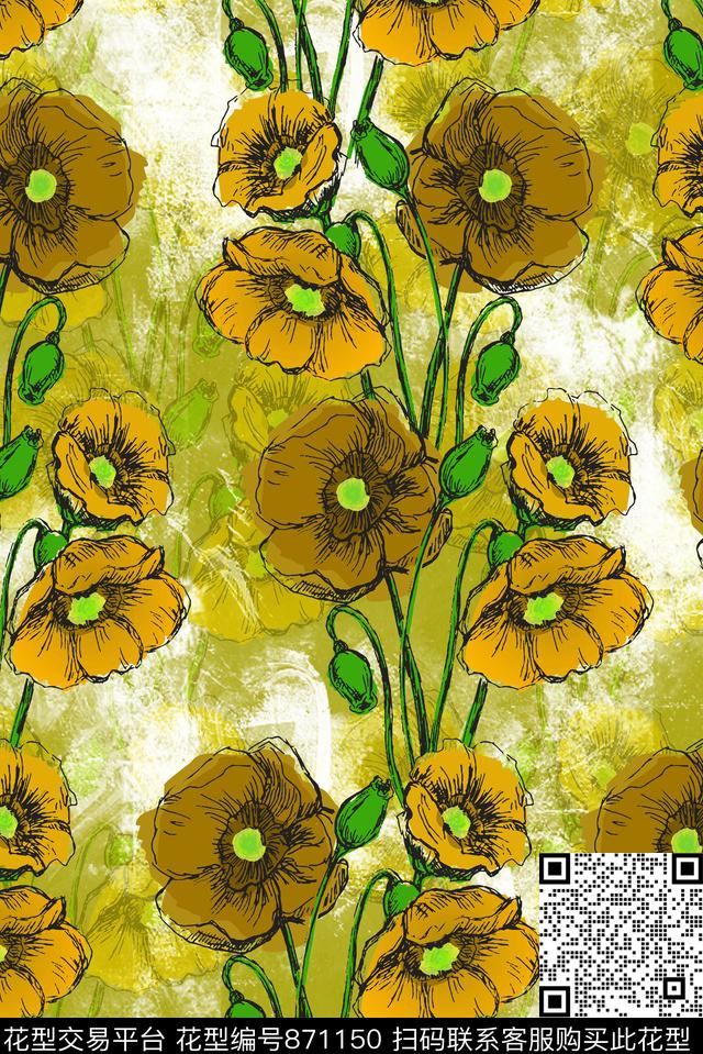 花朵花卉罂粟花数码印花华亿平台下载（图片编号: 871150） - 瓦栏（Walan）