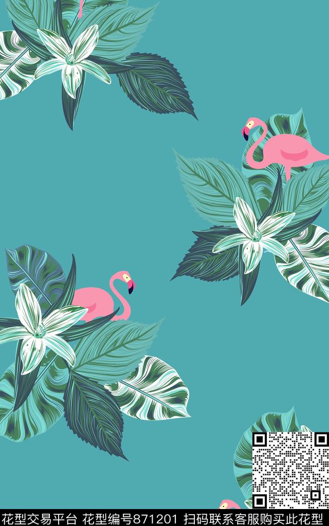 手绘热带雨林火烈鸟数码印花华亿平台下载（图片编号: 871201） - 瓦栏（Walan）