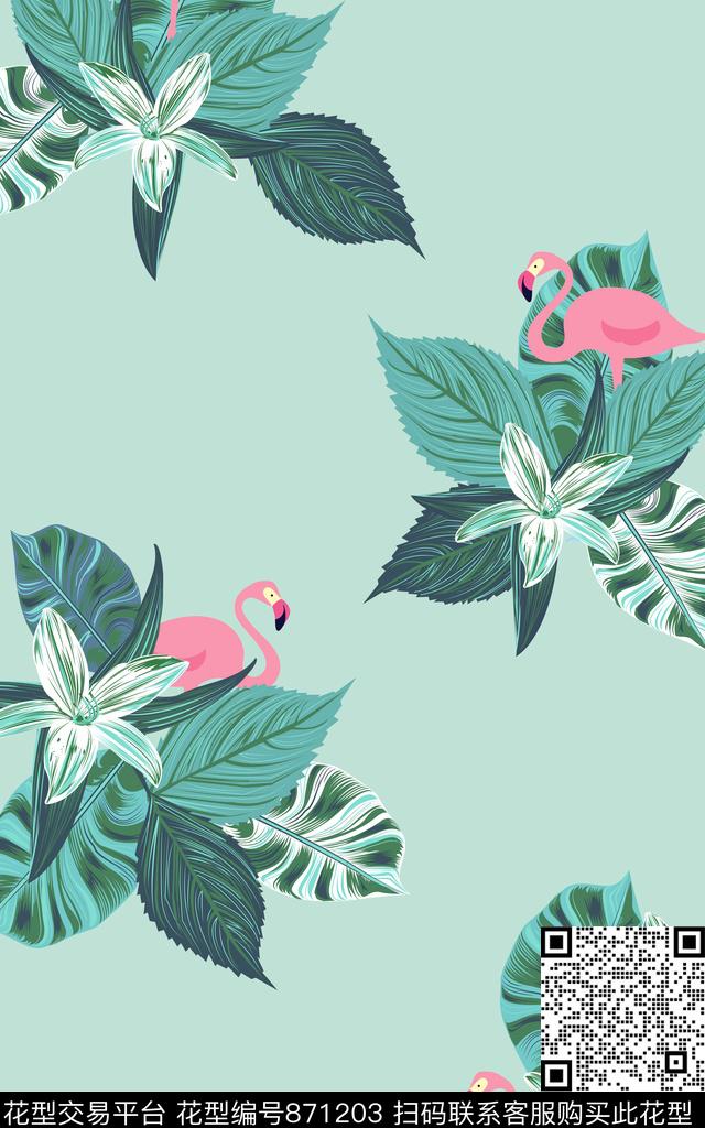 手绘热带雨林火烈鸟数码印花华亿平台下载（图片编号: 871203） - 瓦栏（Walan）