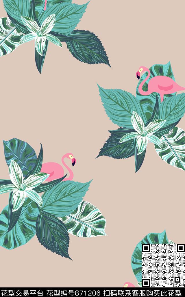 手绘热带雨林火烈鸟数码印花华亿平台下载（图片编号: 871206） - 瓦栏（Walan）