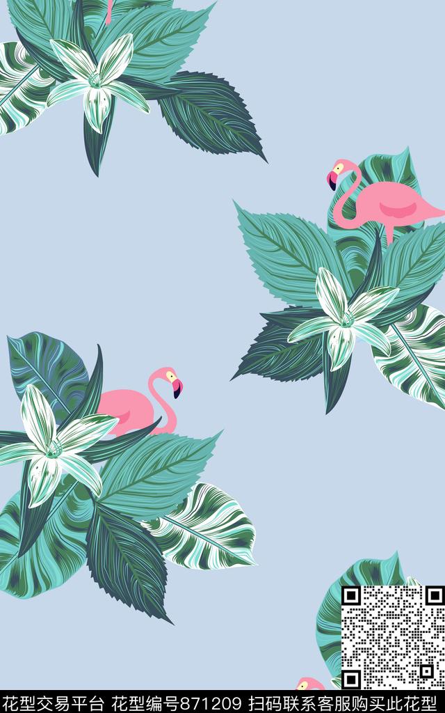 手绘热带雨林火烈鸟数码印花华亿平台下载（图片编号: 871209） - 瓦栏（Walan）