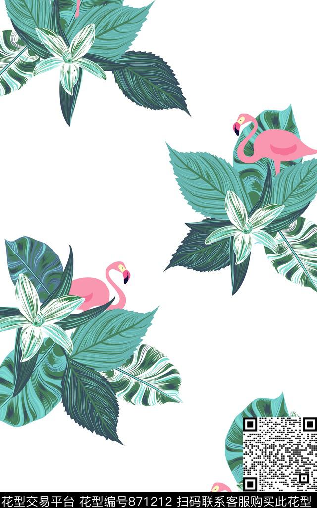 手绘热带雨林火烈鸟数码印花华亿平台下载（图片编号: 871212） - 瓦栏（Walan）