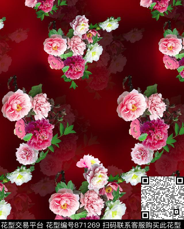 花卉富贵牡丹抽象水墨底数码印花华亿平台下载（图片编号: 871269） - 瓦栏（Walan）