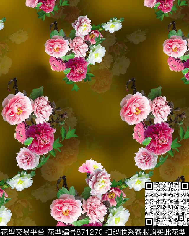 花卉富贵牡丹抽象水墨底数码印花华亿平台下载（图片编号: 871270） - 瓦栏（Walan）