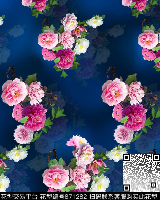 花卉富贵牡丹抽象水墨底数码印花华亿平台下载（图片编号: 871282） - 瓦栏（Walan）