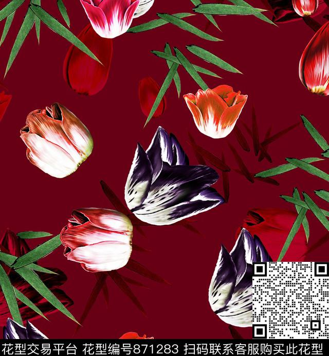 花卉郁金香竹叶数码印花华亿平台下载（图片编号: 871283） - 瓦栏（Walan）