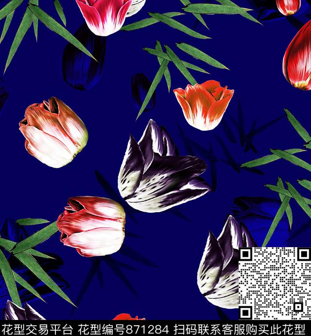 花卉郁金香竹叶数码印花华亿平台下载（图片编号: 871284） - 瓦栏（Walan）