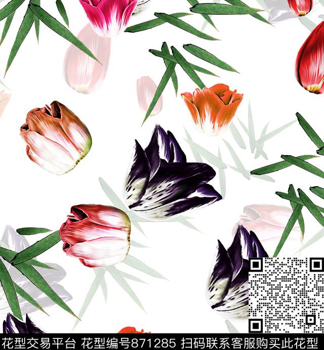 花卉郁金香竹叶数码印花华亿平台下载（图片编号: 871285） - 瓦栏（Walan）