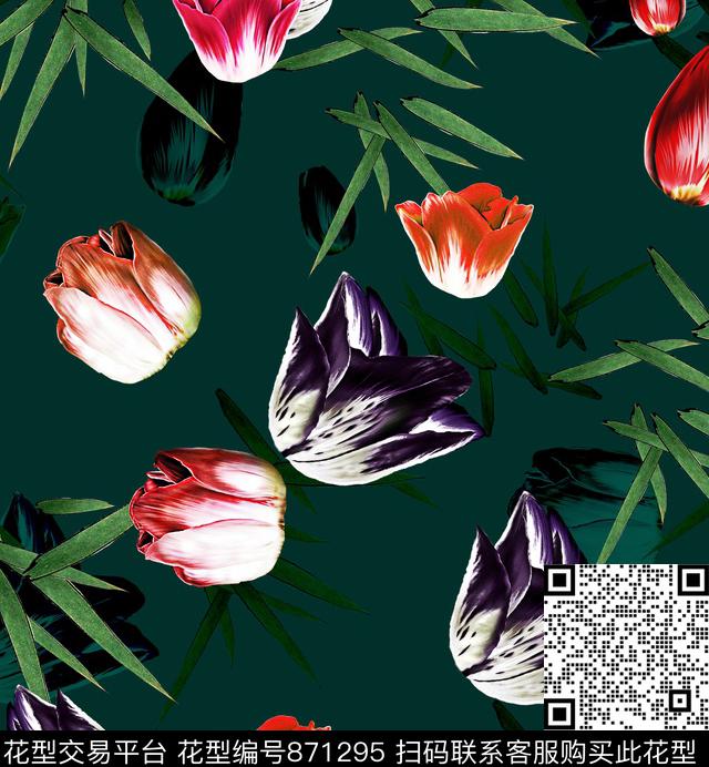 花卉郁金香竹叶数码印花华亿平台下载（图片编号: 871295） - 瓦栏（Walan）