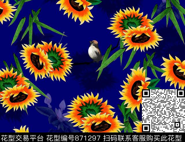 花卉向日葵鸟数码印花华亿平台下载（图片编号: 871297） - 瓦栏（Walan）