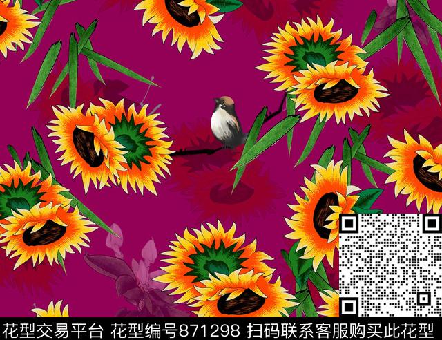 花卉向日葵鸟数码印花华亿平台下载（图片编号: 871298） - 瓦栏（Walan）